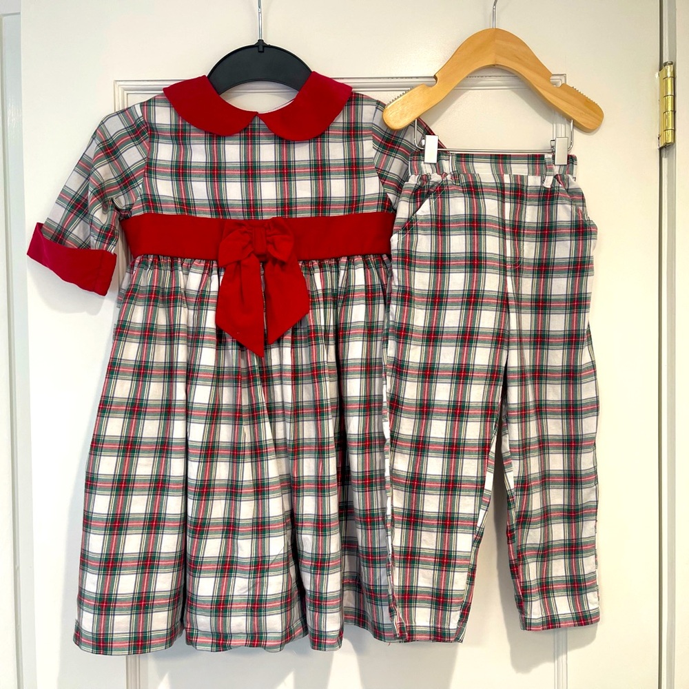 Sibling holiday set. 6y Dress. 3y trousers. Bella Bliss.